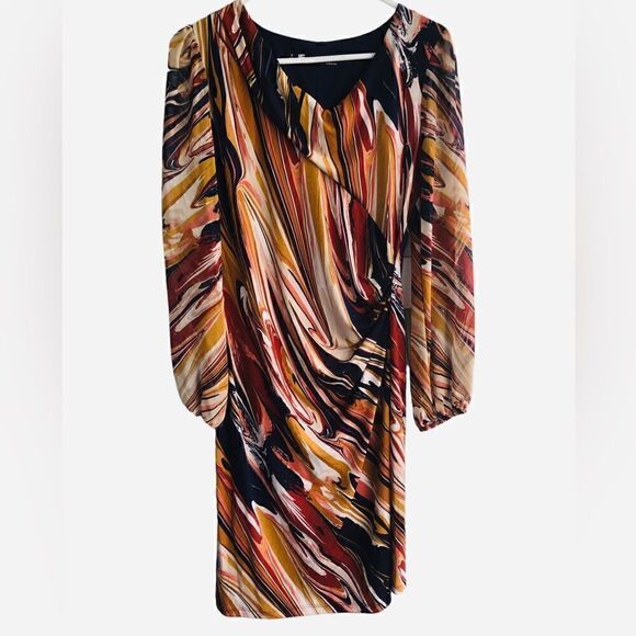 LF Dresses & Skirts - LESLIE FAV Fall Colors Brown Back Gold Rust Chiffon Fabric Sleeves Rest Stretchy